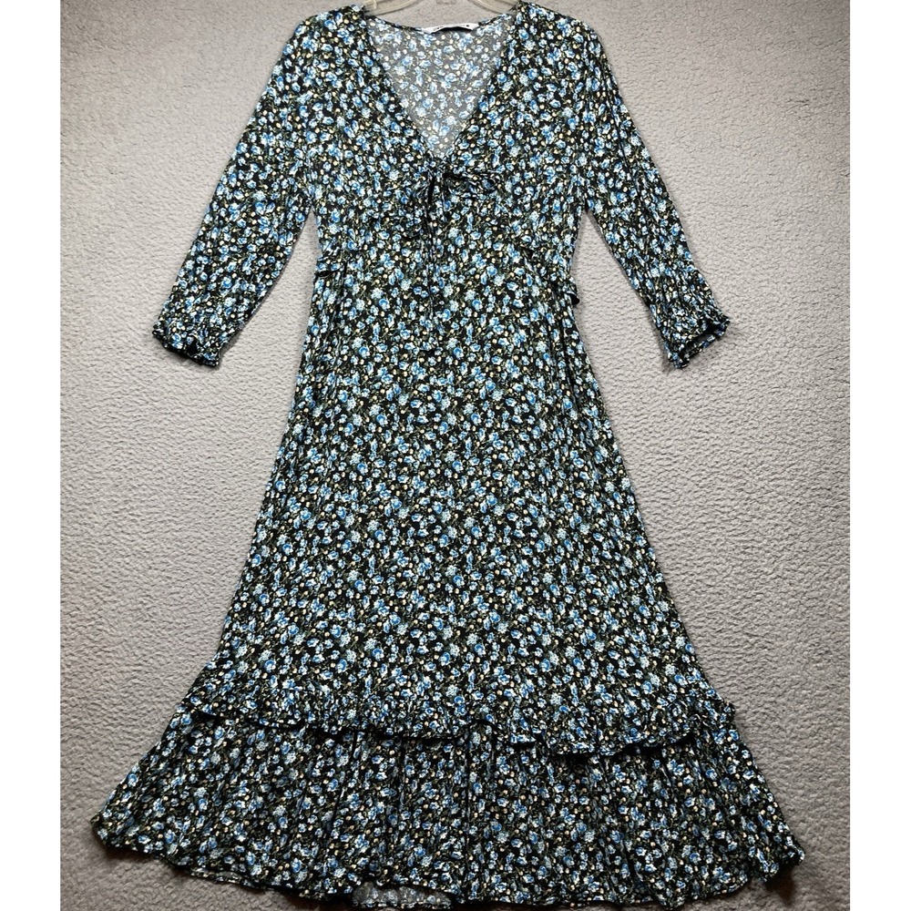 Zara Midi Dress Women's Medium Dark Floral Blue Babydoll Ruffles V Neck Cottage